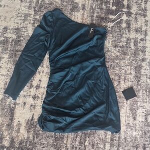 Lulu's Green Silky One-Shoulder Dress
